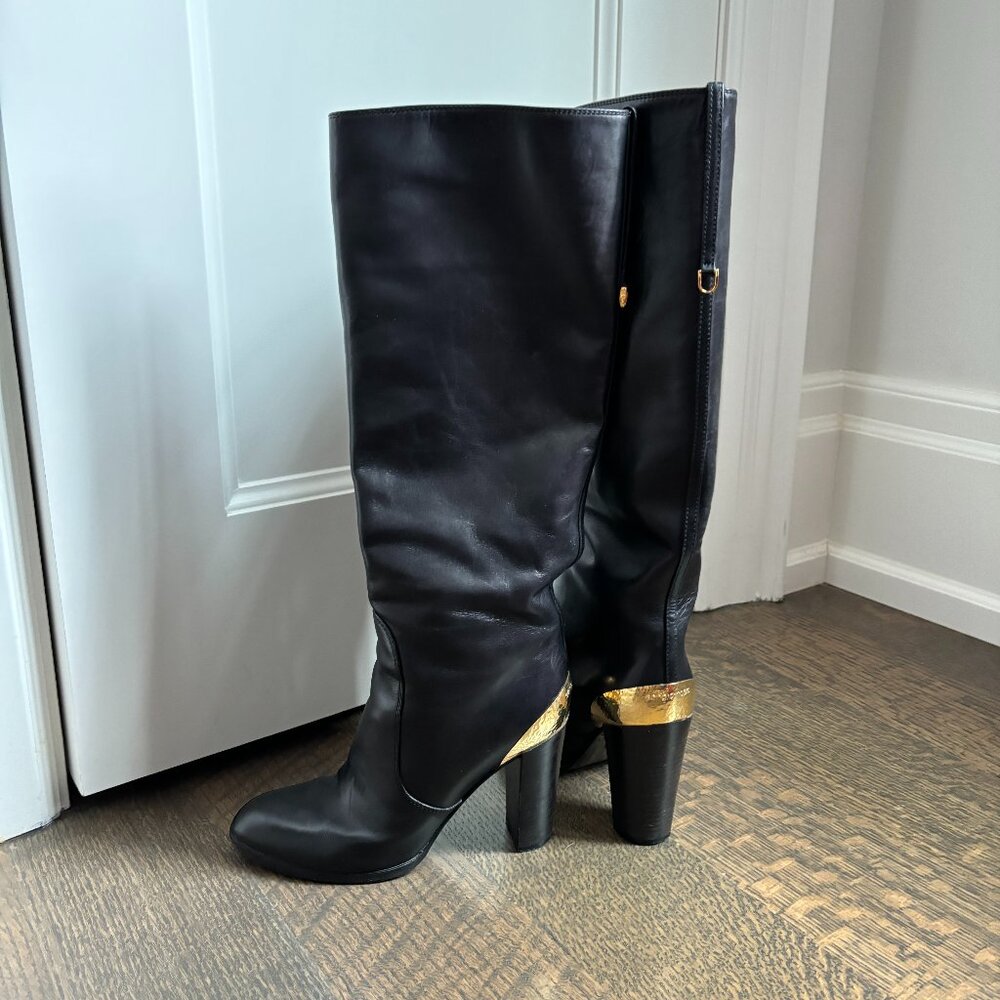 Sergio Rossi Tall Black Leather Heeled Boots with Gold Accent, Size 8
